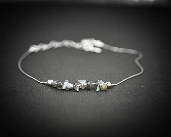 925 sterling Silver Anxiety Relief Calming 4x6mm stacking Gray Labradorite Bracelet Chips, Faceted 7" for mens, womens, gf, bf & Adult.