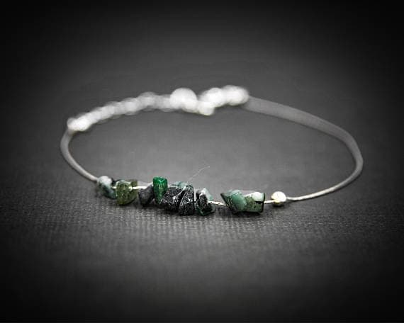 925 sterling Silver Handmade Beaded 4x6mm stacking Green Raw Emerald  Bracelet Chips, Faceted 7" for mens, womens, gf, bf & Adult.