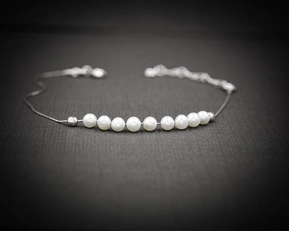 925 sterling Silver Grounding Silver Helling  4mm stacking White Pearl Bracelet Round, Smooth 7" for mens, womens, gf, bf & Adult.