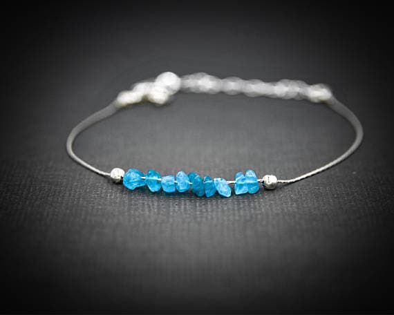 925 sterling Silver Artisan Loose 4x6mm stacking Blue Raw Apatite Bracelet Chips, Faceted 7" for mens, womens, gf, bf & Adult.