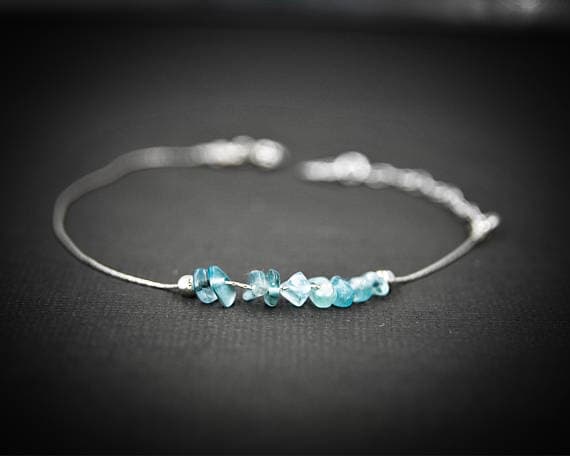925 sterling Silver top quality 4x6mm stacking Blue Apatite Bracelet Chips, Faceted 7" for mens, womens, gf, bf & Adult.