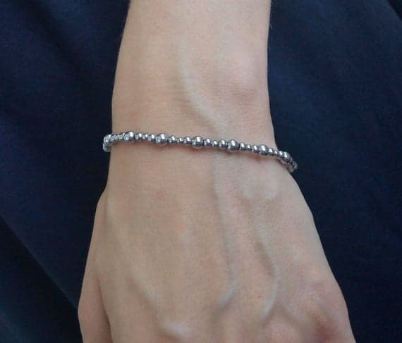 Artisan Loose 4mm Silver HEMATITE  Stretchable Bracelet Round, Smooth 18cm for mens, womens, gf, bf and adults.