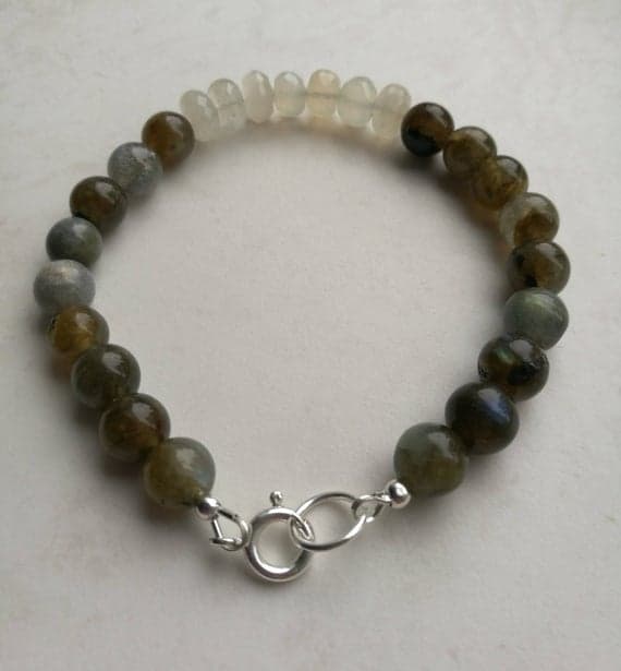 925 sterling Silver Dainty Slave Loose 5-6mm stacking Gray & Pink Labradorite, Moonstone Bracelet Round & Rondelle, Smooth 7" for mens, womens, gf, bf & Adult.