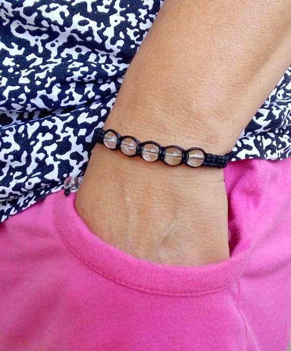 Grounding 8mm Clear Clear Quartz SHAMBALLA Adjustable Bracelet Round, Smooth 18cm for mens, womens, gf, bf and adults.