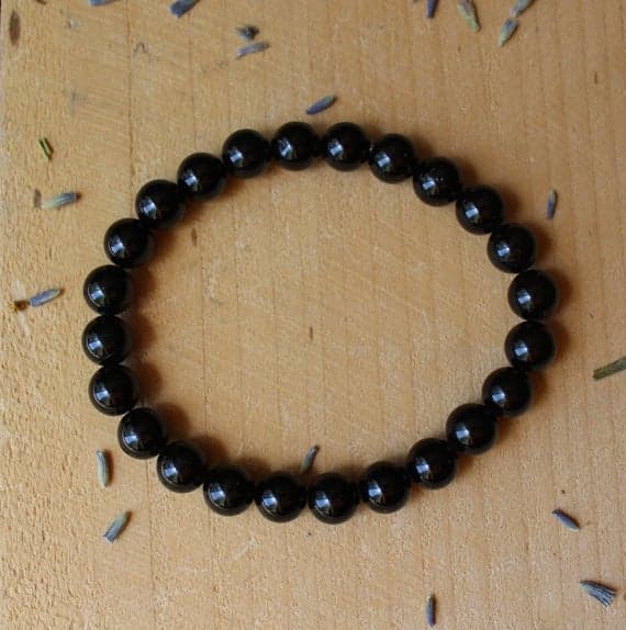 Natural 7mm Stretchable Black Black Tourmaline Bracelet Round, Smooth 7" for mens, womens.