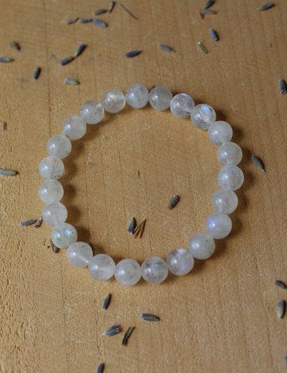 Handmade Beaded 8mm Stretchable White Rainbow Moonstone  Bracelet Round, Smooth 7" for mens, womens.