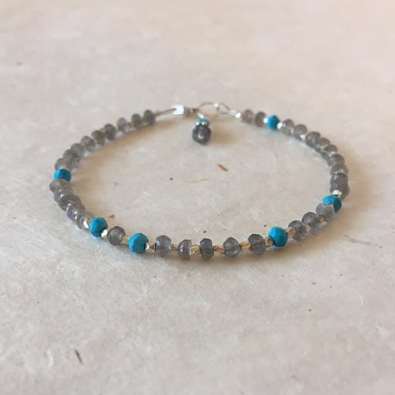 Labradorite Turquoise Karen Hill Tribe Thai Silver Beaded Bracelet, Sundance Style, Dainty Bracelet, Layering Bracelet, Stacking Bracelet 3-4mm Code- WAR6459