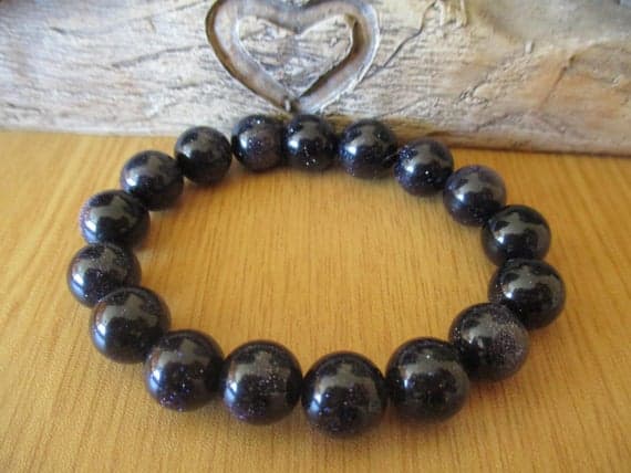 Jewelry Energy 12mm Blue Blue Gold stone Stretchable Bracelet Round, Smooth 18cm for mens, womens, gf, bf and adults.