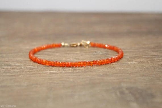 24k gold Plated Bridesmaid Jewelry Gold Helling 3mm stacking Orange Carnelian Bracelet Rondelle, Faceted 7" for mens, womens, gf, bf & Adult.