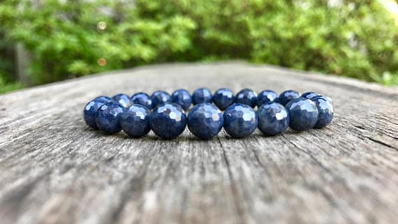 Rock Gift 8mm Stretchable Blue Sapphire Bracelet Round, Faceted 7" for mens, womens, gf, bf & Adult.