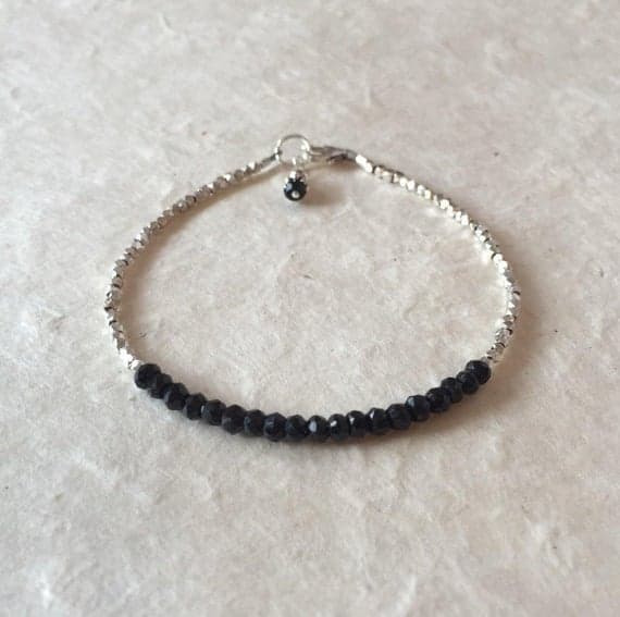 Black Spinel Karen Hill Tribe Thai Silver Beaded Bracelet with Dangle, Sundance Style, Boho Stacking Bracelet, Gifts for Her, Boho Chic 3-5mm Code- WAR6389