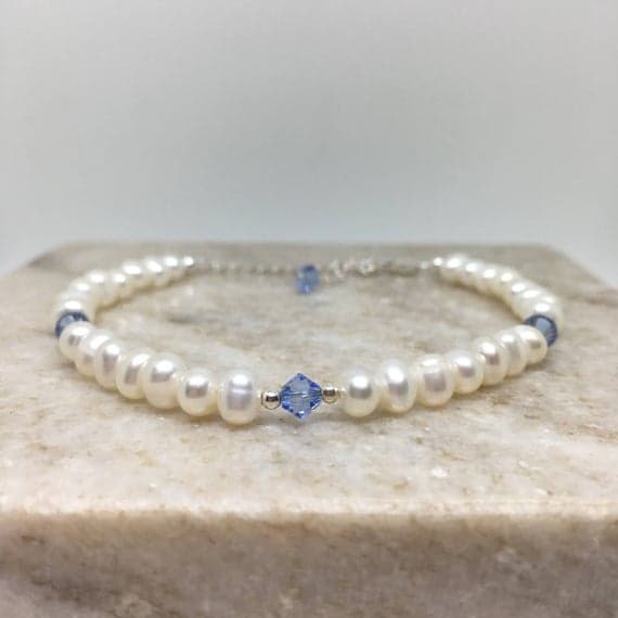 925 sterling Silver Personalized Gift Silver Helling 4-5mm stacking Blue & White Pearl & Blue Swarovski  Bracelet Round, Smooth 7" for mens, womens, gf, bf & Adult.