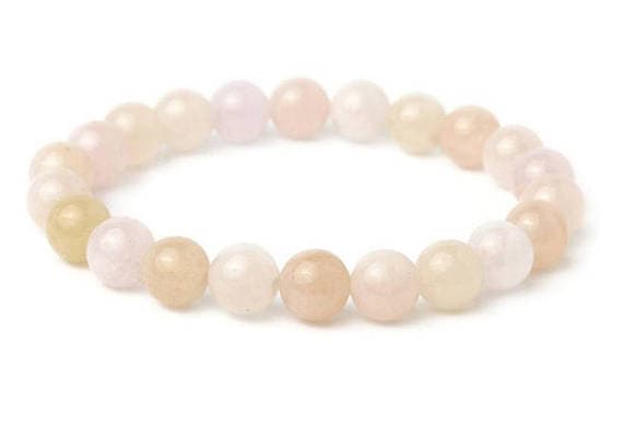 Natural 8mm Pink Morganite Stretchable Bracelet Round, Smooth 18cm for mens, womens, gf, bf and adults.