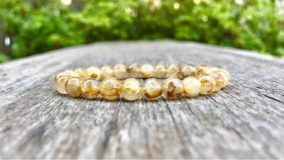 Positive Energy 7mm Stretchable Yellow Golden Rutilated Quartz Bracelet Round, Smooth 7" for mens, womens, gf, bf & Adult.