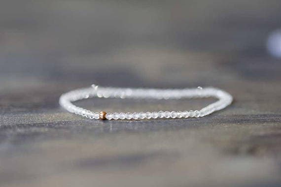 Rose Gold Positive Energy 2mm White Clear Quartz Stretchable Bracelet Round, Faceted 18cm for mens, womens, gf, bf and adults.