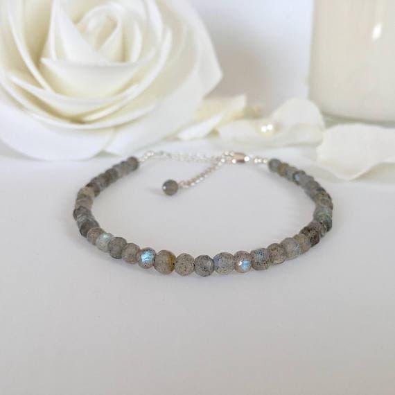 925 sterling Silver Bridesmaid Jewelry 4mm stacking Gray Labradorite Bracelet Rondelle, Faceted 7" for mens, womens, gf, bf & Adult.