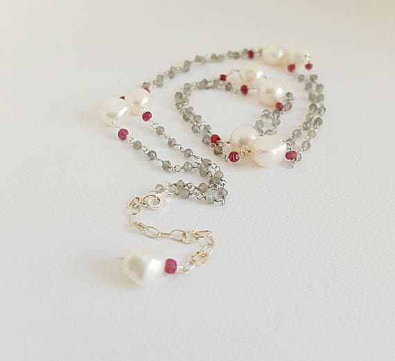 AAA++ Rare Quality Red Ruby , baroque pearls, necklace, extra long raw ruby.Long gem necklace boho Wire wrapped gemstone jewles,Rosary style Ruby long necklace 3/4mm Code- TJH193