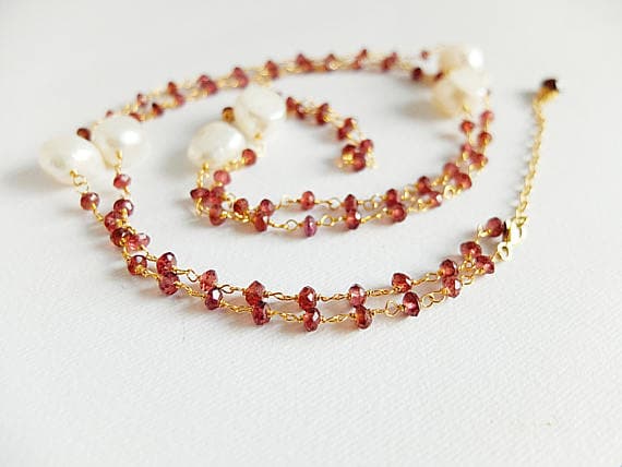 AAA++ Rare Quality Rhodolite garnet,freshwater baroque pearls,long necklace,Gold  filled Rosary style Garnet necklace,long Garnet beaded necklace,Garnet pearls 3-4 mm Code- TJH194