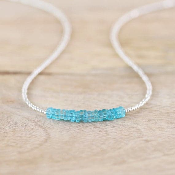 925 sterling Silver chakras simple 4.5mm stacking Aqua Apatite, Czech Charlotte Seed Necklace Fancy, faceted 16" for mens, womens, gf, bf & Adult.