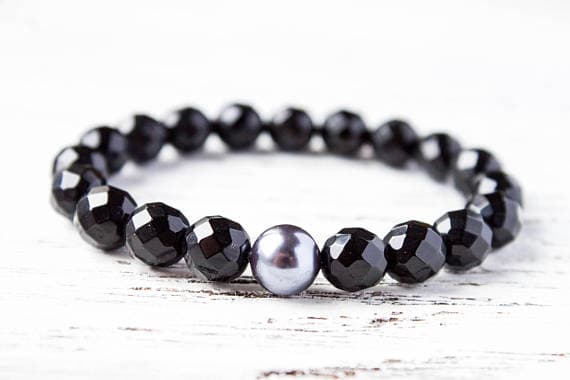 Gray Pearls Agate Bracelet Black Faceted Beads Girlfriend Bracelet Sister Bracelet Black and Gray Minimalist Bracelet Natural Pastel Pearls 8mm  Code- WAR9193
