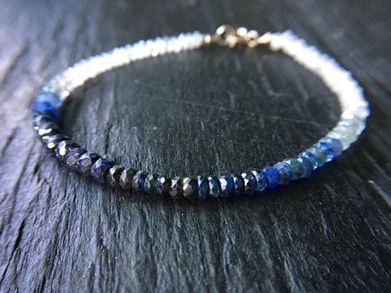 24k gold Plated Jewelry Energy 4-5mm stacking Blue Blue Sapphire Moonstone Bracelet Rondelle, Faceted 7" for mens, womens, gf, bf & Adult.