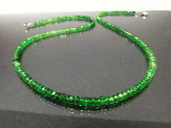 925 sterling Silver chakras simple 3mm stacking Green Green Garnet  Necklace Rondelle, Faceted 17" for mens, womens.