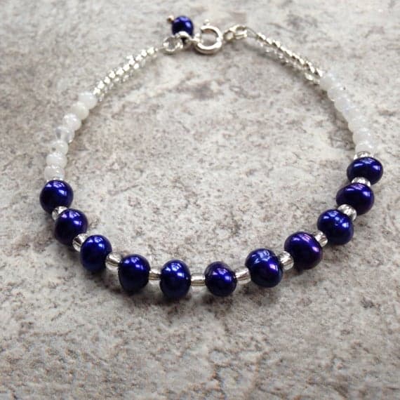 Blueberry pearl & Rainbow moonstone beaded Gemstone 925 sterling silver bracelet 3/4mm Code- WAR6621