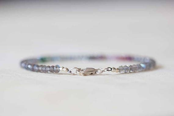 925 sterling silver Anxiety Relief Calming 3.5-4mm Multi Colour Labradorite & Sapphire stacking Bracelet Rondelle , Faceted 18cm for mens, womens, gf, bf and adults.