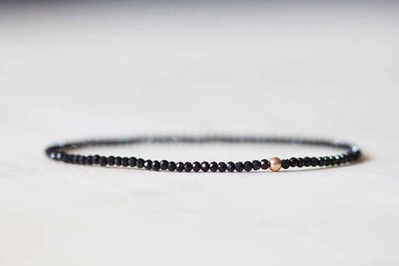 Rose Gold Anxiety Relief Calming 2-2.5mm Black Black Spinel  Stretchable Bracelet Round, Faceted 18cm for mens, womens, gf, bf and adults.