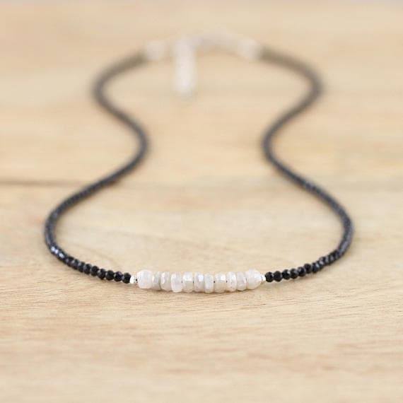 925 sterling Silver Grounding Silver Helling  4mm stacking Black & White White Silverite & Black Spinel Necklace Round & Rondelle, Faceted 16" for mens, womens, gf, bf & Adult.