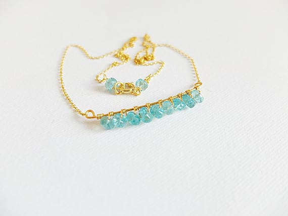 AAA++ Rare Quality Apatite Bar Necklace in Gold  filled chain Apatite jewelry,Blue Gemstone bar necklace dainty layering necklace, genuine apatite bar necklace 4mm Code- TJH242