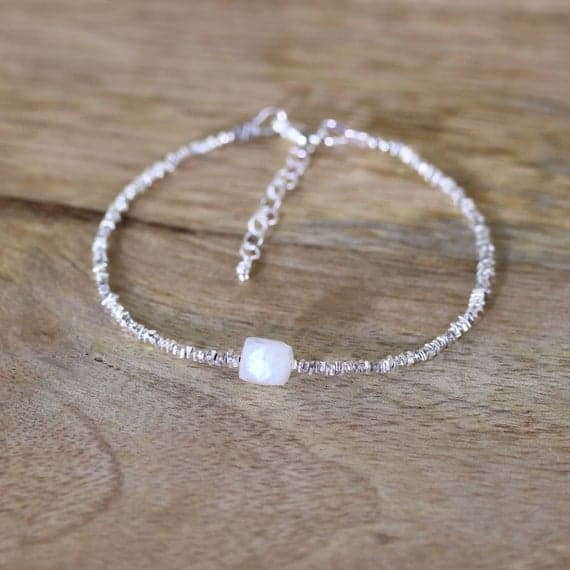 925 sterling Silver chakras simple 5mm stacking White Rainbow Moonstone Bracelet Box, Faceted 7" for mens, womens, gf, bf & Adult.