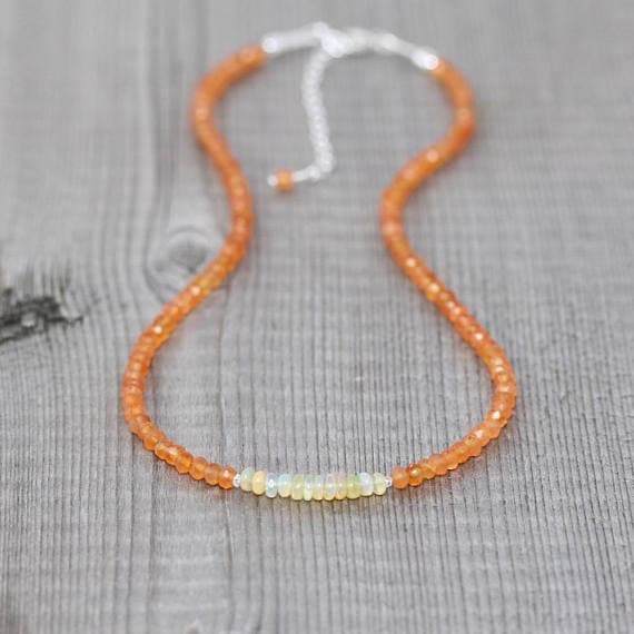 925 sterling Silver Anxiety Gemstone 3.5mm stacking Multi Opal & Carnelian Necklace Rondelle, Faceted 16" for mens, womens, gf, bf & Adult.