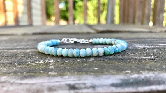 925 sterling Silver Galaxy Jewelry Silver Helling 5x3mm stacking Sky Blue Larimar Bracelet Rondelle, Faceted 7" for mens, womens, gf, bf & Adult.