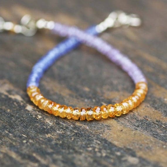 925 sterling Silver memorial gift 3.5-4mm stacking Multi Pink Sapphire, Mandarin Garnet and Tanzanite Bracelet Rondelle, Faceted 7" for mens, womens, gf, bf & Adult.