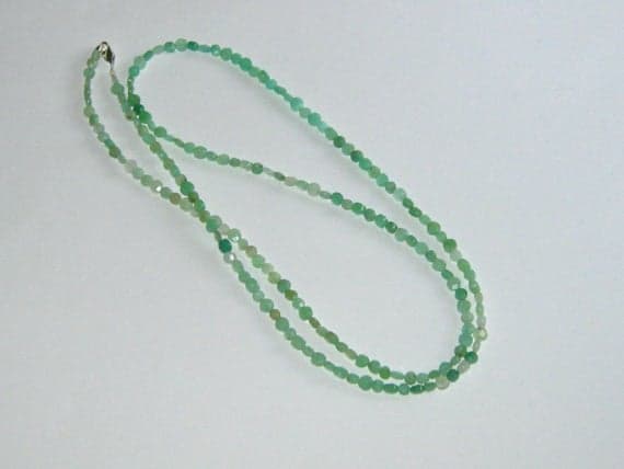 925 sterling Silver Handmade Beaded 3-4mm stacking Green Chrysoprase Necklace Round, Faceted 30" for mens, womens, gf, bf & Adult.