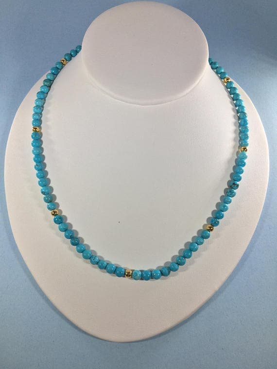 24k gold Plated top quality Gold  helling 4-5mm stacking Blue Turquoise Necklace Round, Smooth 16" for mens, womens, gf, bf & Adult.