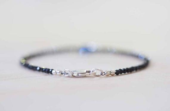 925 sterling silver Anxiety Gemstone 6-8mm Multi Colour Black Spinel & Kyanite stacking Bracelet Rondelle, Faceted 18cm for mens, womens, gf, bf and adults.