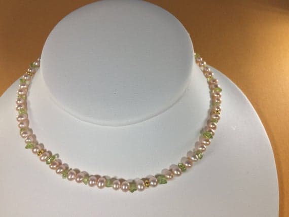 24k gold Plated Natural Gold Helling 4-5mm stacking Green & Pink Pink Pearl and Peridot  Necklace Round, Smooth 16" for mens, womens, gf, bf & Adult.