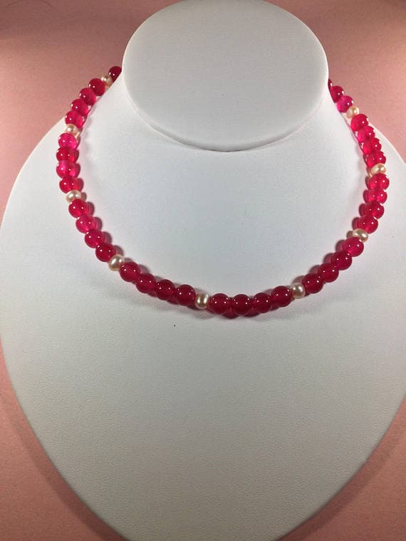 925 sterling Silver Anxiety Gemstone 6mm stacking Red & White Ruby with Pearls Necklace Round, Smooth 16" for mens, womens, gf, bf & Adult.