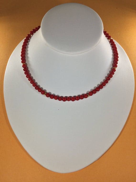 24k gold Plated Anniversary Gift 4-5mm stacking Red Coral Necklace Round, Smooth 16" for mens, womens, gf, bf & Adult.
