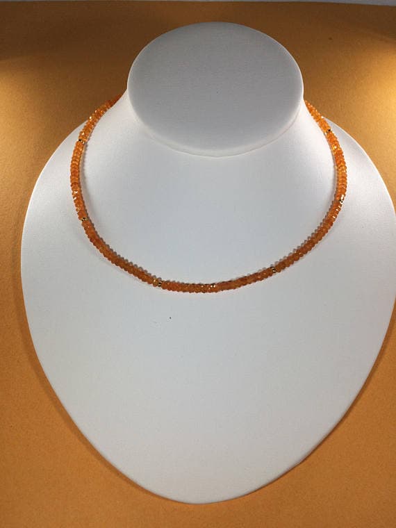 925 sterling Silver Personalized Gift  3-4mm stacking Orange Carnelian Necklace Rondelle, Faceted 16" for mens, womens, gf, bf & Adult.