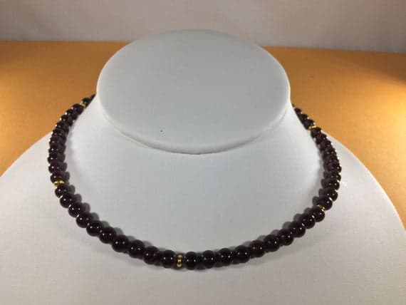 24k gold Plated Dainty Slave Loose Gold Helling  4-5mm stacking Red Garnet Necklace Round, Smooth 16" for mens, womens, gf, bf & Adult.