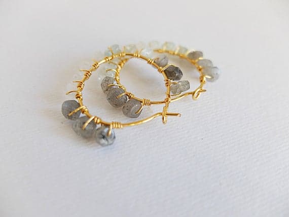 AAA++ Rare Quality Labradorite, aquamarine moonstone earrings hoop gemstone Gold  filled hoop wire wrapped earring boho hoop beaded earring, raw cut,labradorite 4 mm Code- TJH218