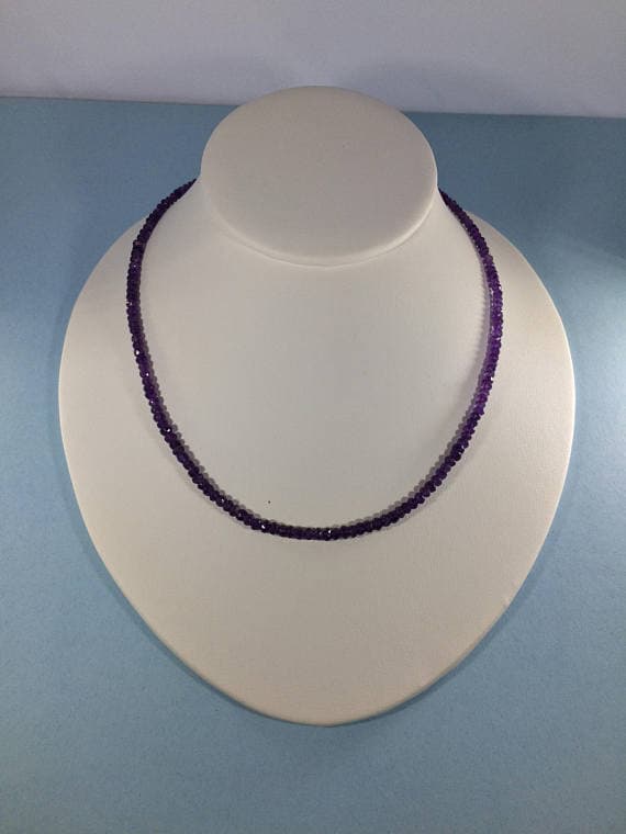 925 sterling Silver Wholesale 3-4mm stacking Purple Amethyst Necklace Rondelle, Faceted 16" for mens, womens, gf, bf & Adult.