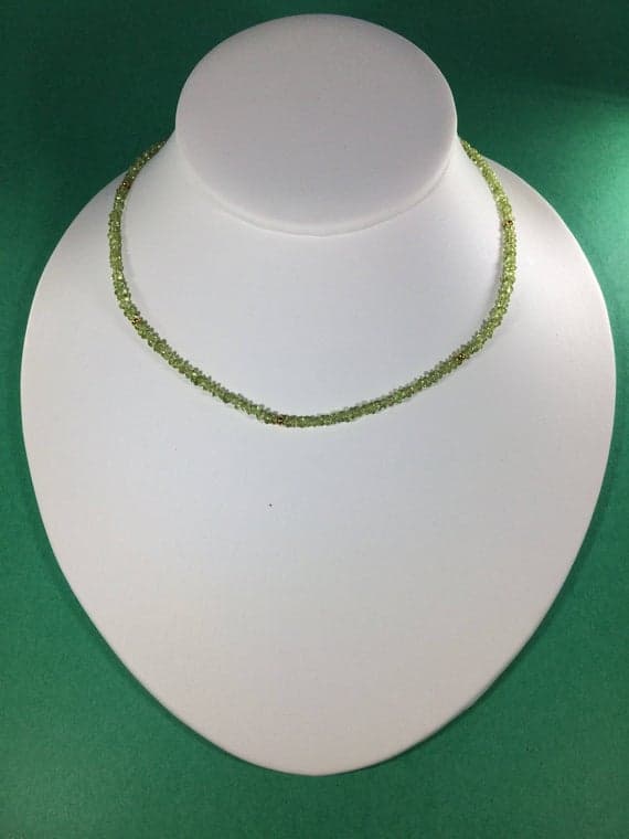 24k gold Plated Unique Wedding Gift 3-4mm stacking Green Peridot Necklace Rondelle, Faceted 16" for mens, womens, gf, bf & Adult.