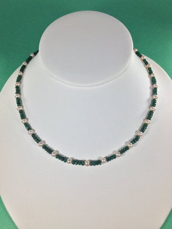 24k gold Plated Artisan Loose 4-5mm stacking Green & Pink Pink Pearl and Emerald  Necklace Round & Rondelle, Faceted & Smooth 16" for mens, womens, gf, bf & Adult.
