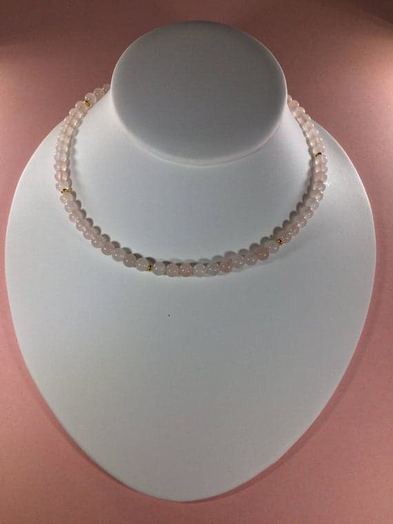 24k gold Plated Personalized Gift Gold Helling 4-5mm stacking Pink Pink Quartz Necklace Round, Smooth 16" for mens, womens, gf, bf & Adult.