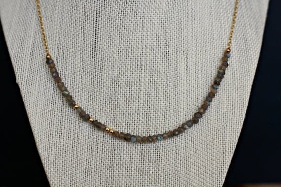 24k gold Plated Jewelry Energy Gold Helling 3-4mm stacking Gray Labradorite Necklace Rondelle, Faceted 16" for mens, womens, gf, bf & Adult.