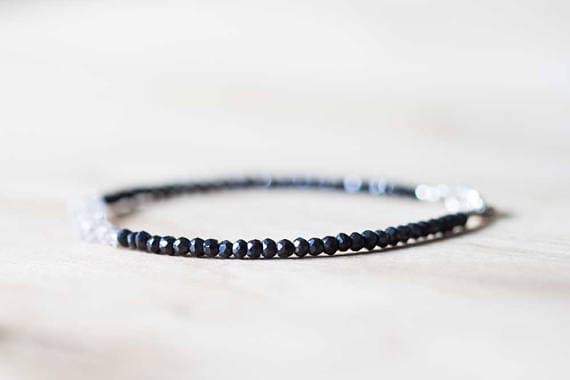 925 sterling silver Bridesmaid Jewelry 3-3.5mm Multi Colour Black Spinel & Herkimer Diamond stacking Bracelet Round, Faceted 18cm for mens, womens, gf, bf and adults.